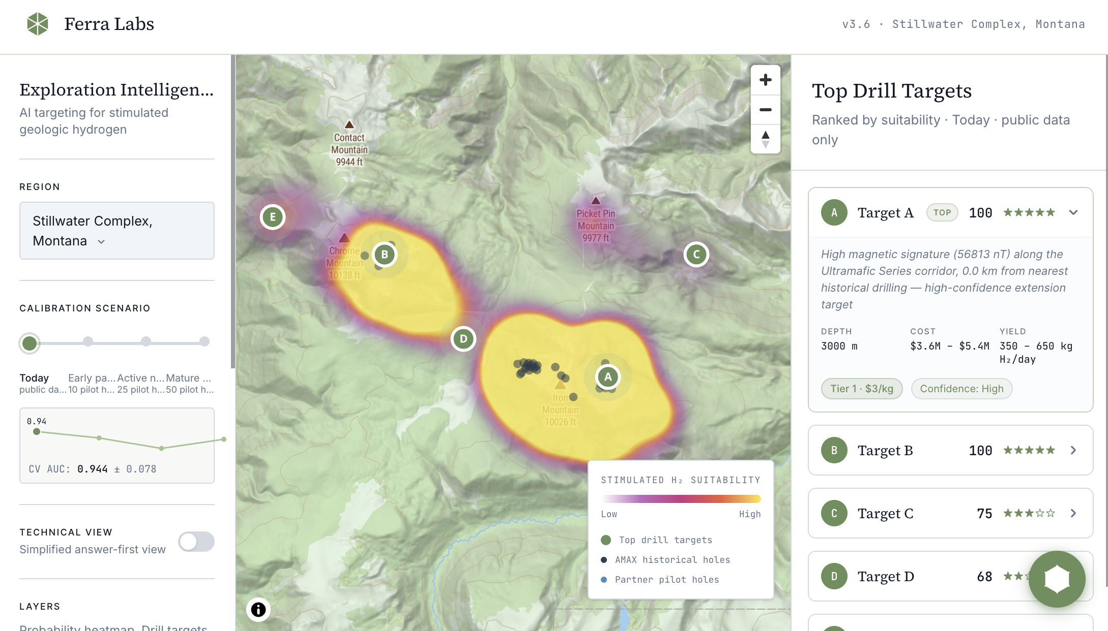 Ferra Labs prototype — Stillwater Complex drill targets and calibration map
